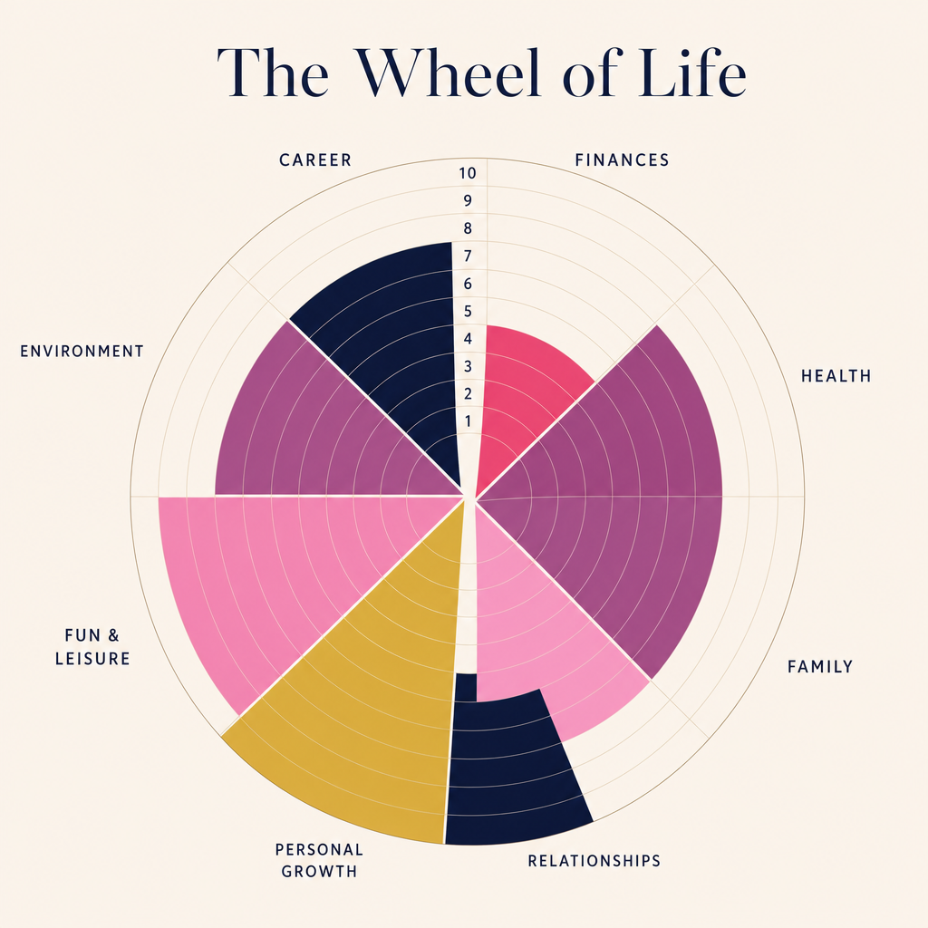 The Wheel of Life: career, finances, health, family, relationships, personal growth, fun and leisure, and environment scored out of ten